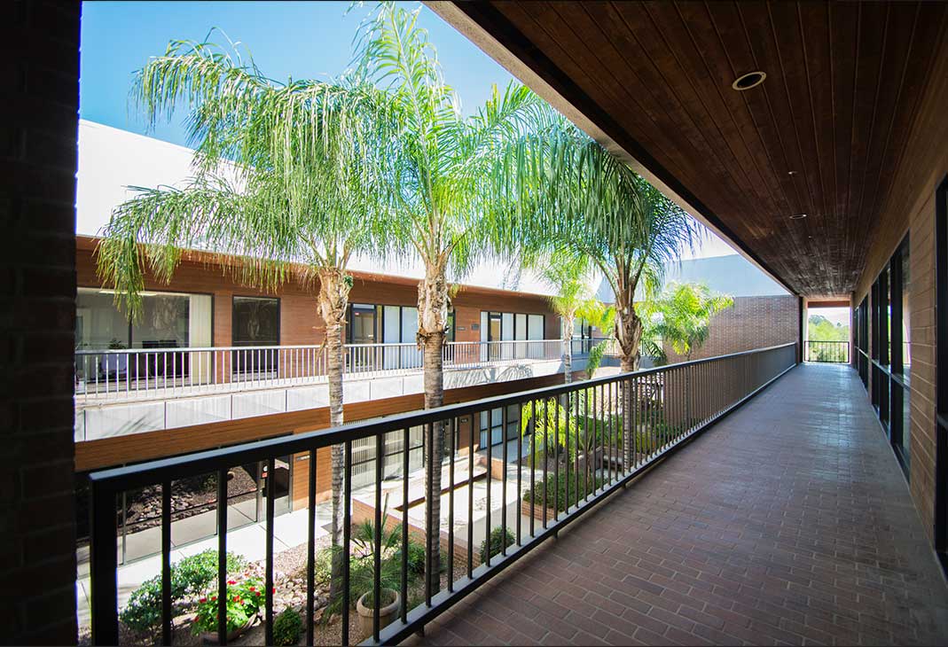 Upstairs walkway looking out over the courtyard palms
