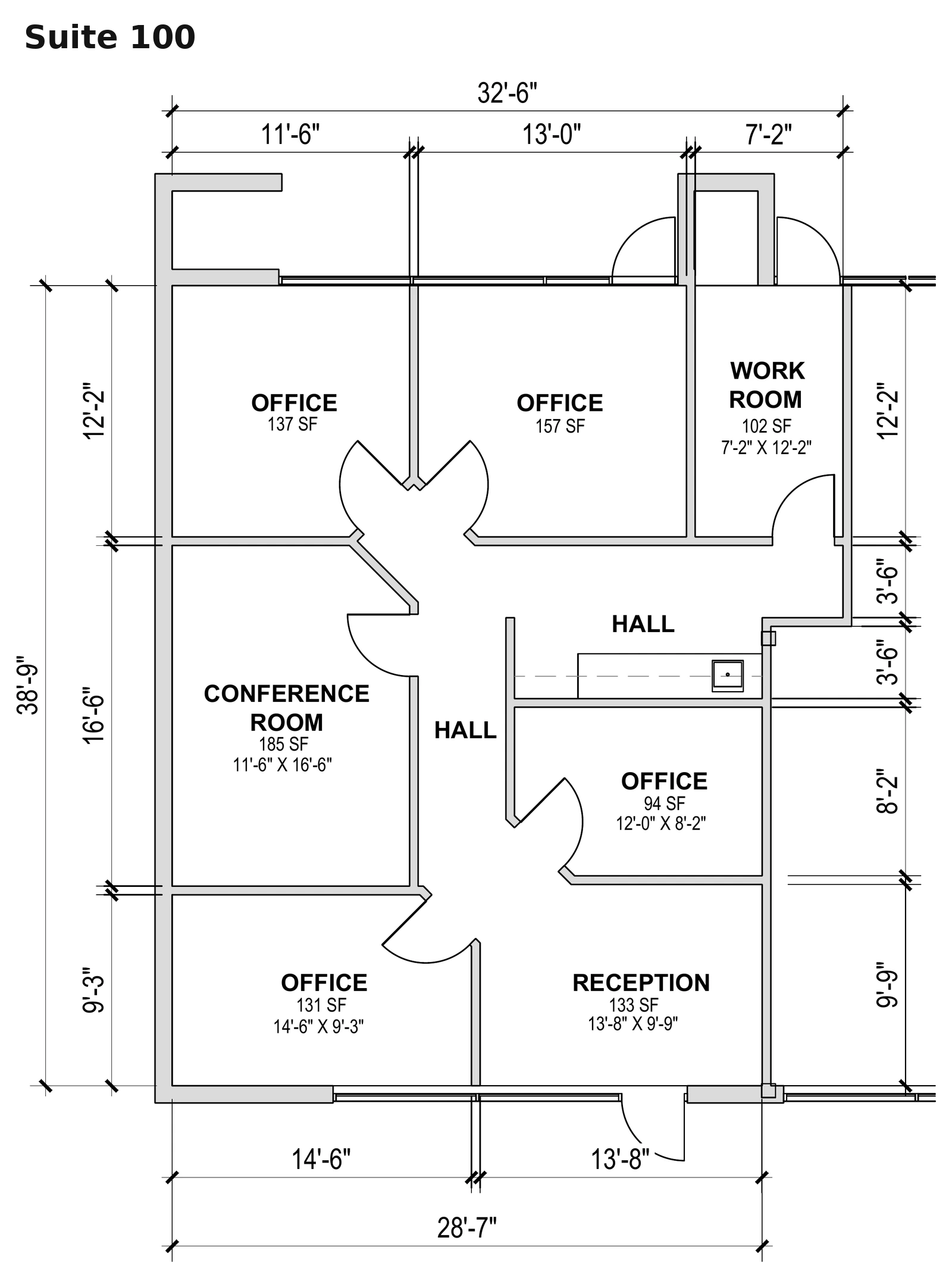 Suite 100 dimensioned floor plan