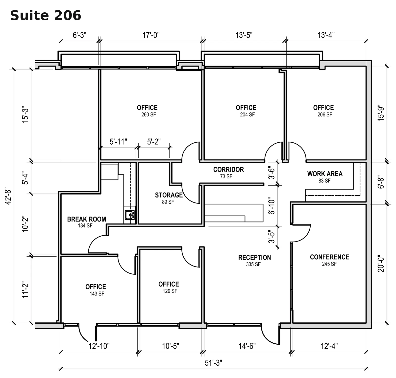 Suite 206 dimensioned floor plan